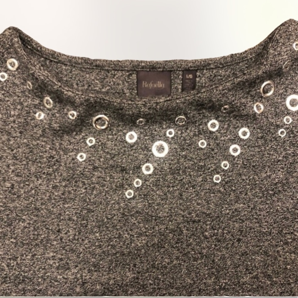 Rafaella Womens Boatneck Top SZ L with silver rivets around collar! 3/4 Sleeve